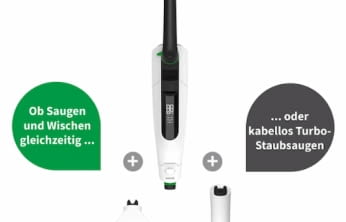 Saugwischer mit unterschiedlichen Aufsätzen für die Reinigung von Teppichen und Hartböden.