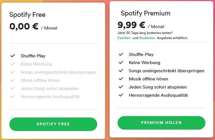 Spotify bietet zwei Tarife an: Free und Premium