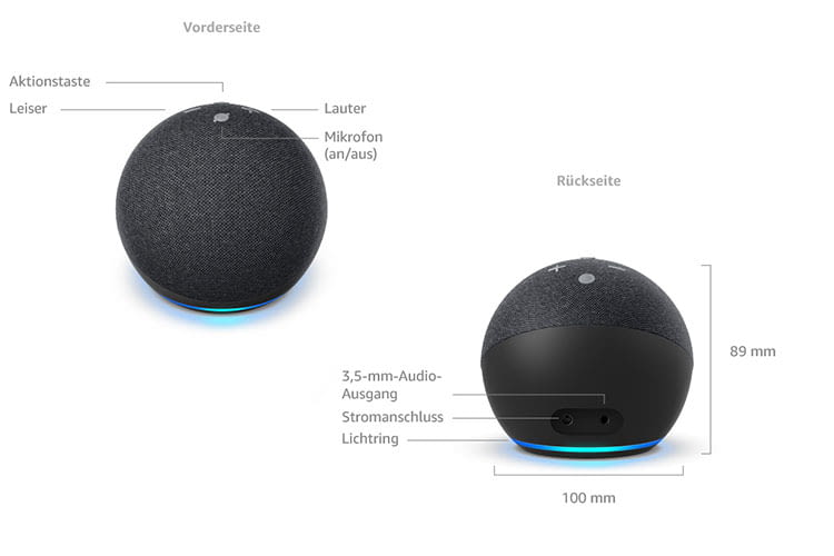Amazon Echo Dot 4 ist kugelrund und der Alexa-Lichtring ist von oben nach unten gewandert