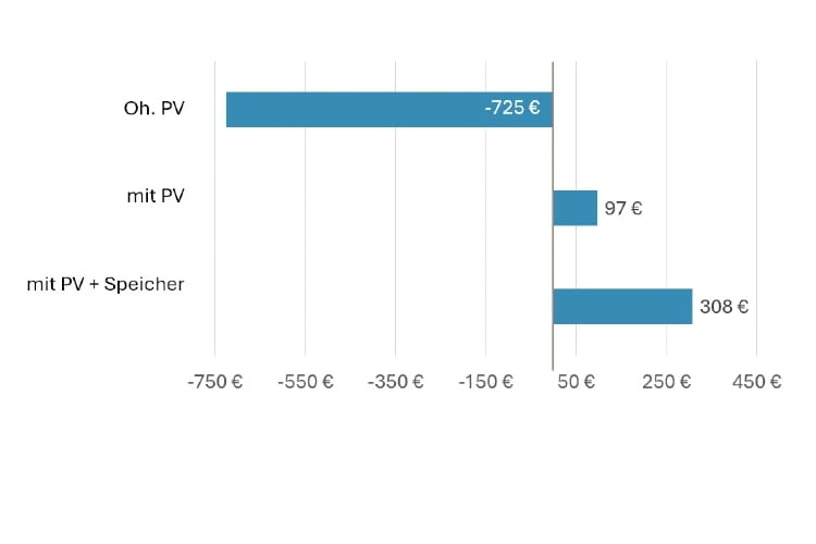 Die Auswirkungen des Speichers sind enorm: Ohne ihn hätten wir 725 Euro für Strom bezahlen müssen, mit Speicher haben wir sogar 308 Euro Vergütung bekommen