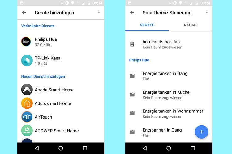 Lichtszenen werden über die Google Home App für Google Assistant eingerichtet