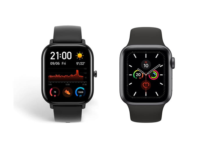 Links ist die Amazfit GTS Smartwatch zu sehen, rechts eine Apple Watch 5