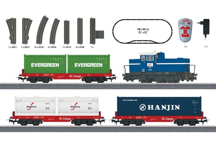 Inhalt des Containerzug Starter-Sets: Lok, Anhänger, Schienen, Controller