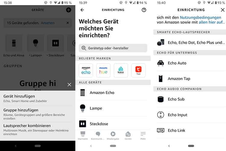 Neue Amazon Echo-Geräte können dem Nutzerkonto einfach in der Alexa App hinzugefügt werden. Im Bild: Schritt 4 bis 6