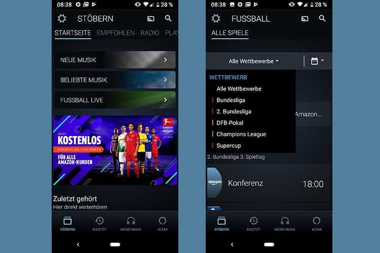 In der Amazon Music App kommt man über den Punkt "Fussball Live" direkt in das Auswahlmenü der Fußballberichterstattung