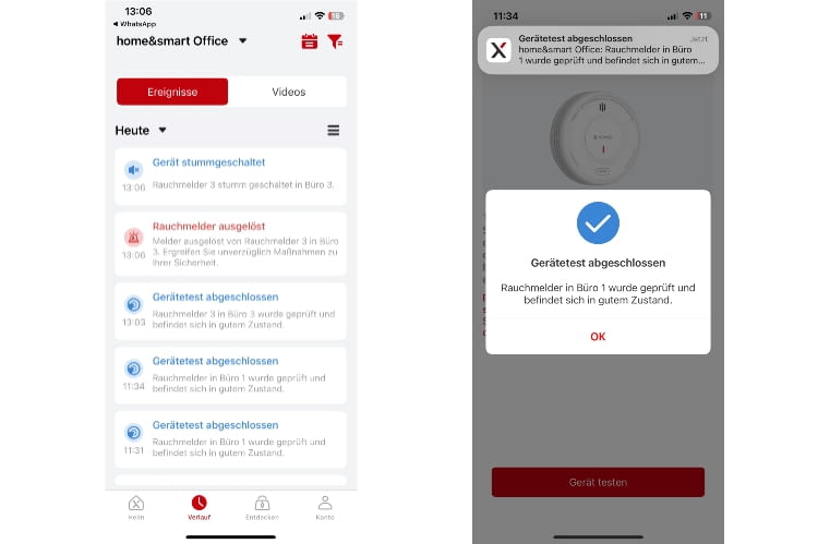 In der App lassen sich auch Protokolle einsehen und jederzeit Tests mit den Rauchmeldern durchführen
