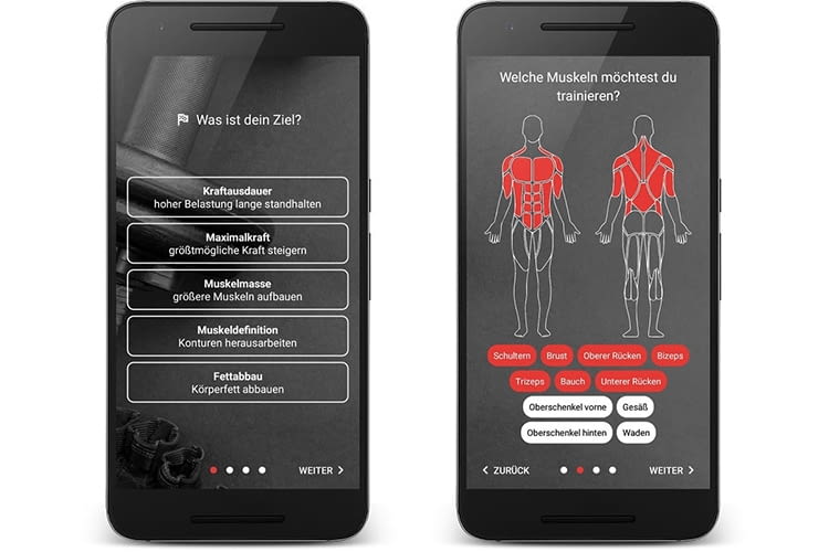 Die BestFit App fragt nach dem Ziel des Trainierenden und welche Muskeln trainiert werden sollen