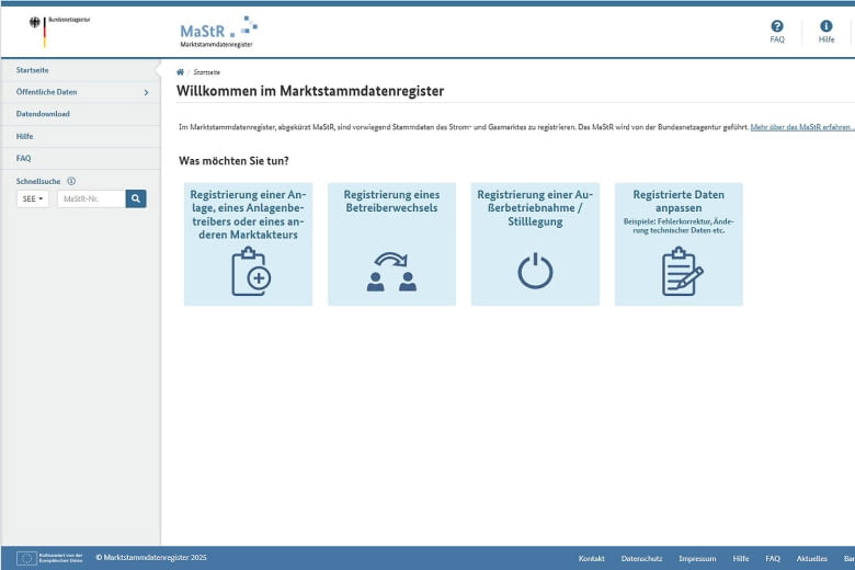 Auf der MaStR-Startseite werden verschiedene Melde-Optionen angezeigt