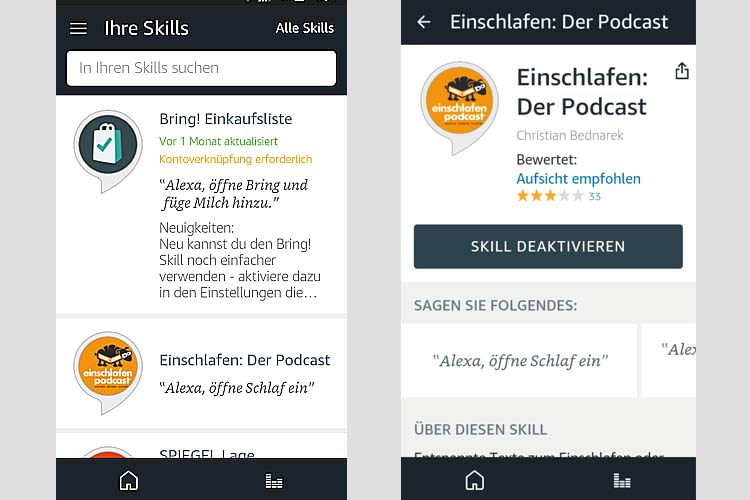Links ist die Skill-Übersicht der App zu sehen, rechts ein einzeln ausgewählter Skill