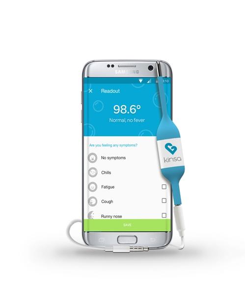 Kinsa Thermometer angeschlossen an ein Samsung Smartphone