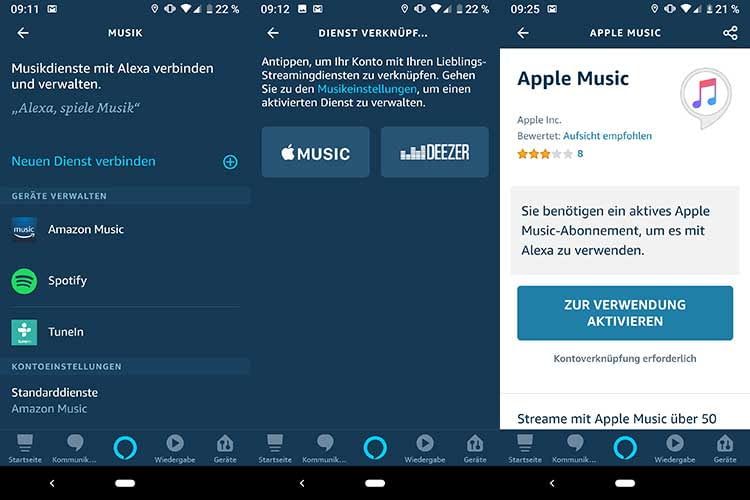 Apple Music kann direkt in der Alexa App aktiviert werden und dann via Amazon Echo gestreamt