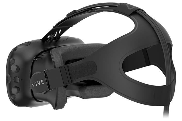 Im Zubehör der HTC VIVE VR-Brille befindet sich ein Gesichtspolster, Riemen verteilen das Gewicht auf den Kopf
