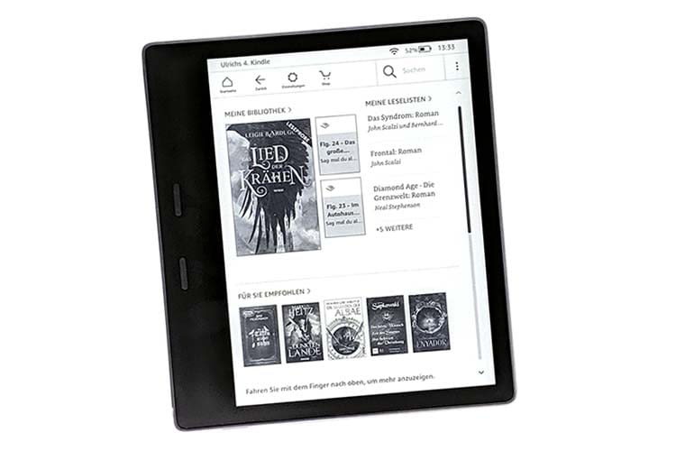 Amazon Kindle Oasis: Auf der breiten Randseite sind die beiden Umblättertasten eingelassen