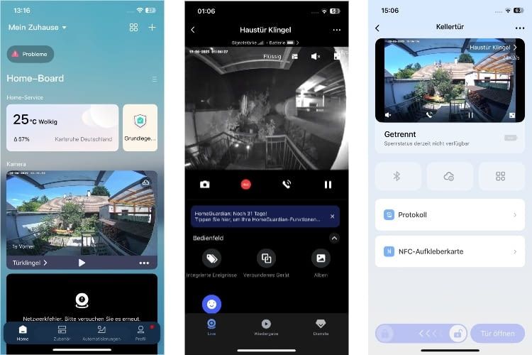 Ansicht in der Aqara App bei Taag und Nacht und auf das Menü des U200 Lite mit der gekoppelten Türklingel