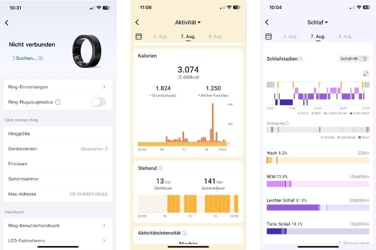 Die RingConnn App ist übersichtlich gestaltet und liefert wichtige Informationen zum eigenen Körper