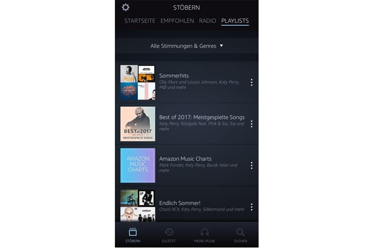 Lediglich vier Icons finden sich im unteren Hauptmenü der Amazon Music App