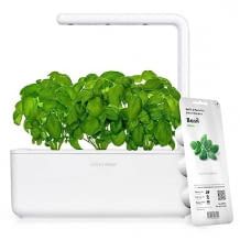 Indoor Kräutergarten mit 3 Kapseln Basilikum Pflanzenschoten, Wasserstand-Messung und einer LED-Lampe mit sich anpassendem Lichtspektrum.
