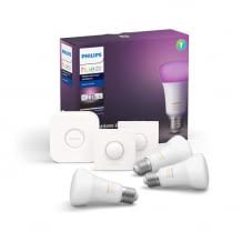 Starter Set mit 3 farbigen und dimmbaren E27 Lampen, Bridge und 2 Smart Buttons als Lichtschalter oder Fernbedienung.