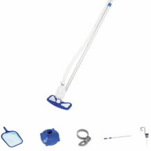 Manueller Poolsauger mit Skimmer, zusätzlichem Auffangbehälter für Schmutz, Schlauch und Teleskopstange inklusive.