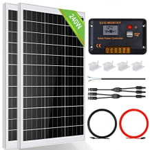 Balkonkraftwerk Kit mit zwei 120 Watt Solarmodulen, 30A PWM-Laderegler,Verkabelung sowie Halterung.