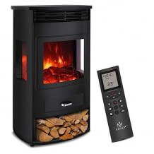 Elektrokamin mit integrierter Heizfunktion 950 bis 1.900 Watt, authentische Holzofen-Imitation mit Holz-Attrappe.