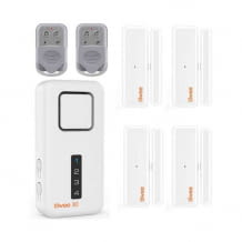 Mehrteiliges, kompaktes Alarmsystem mit vier Fenster- und Türsensoren und Fernbedienungen. Inkl. Alarm. Erweiterbares System.