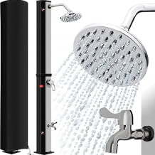 Solardusche mit 35 Liter Tank, bis 60°C Wärme, stufenlosen Temperaturregelung und 360° Kugelgelenk-Duschkopf.