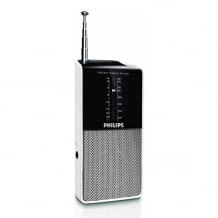 Tragbares Transistorradio mit analogem UKW/MW-Tuner, Kopfhöreranschluss und integriertem Lautsprecher.